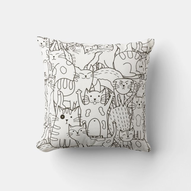 Cojín Decorativo Gatos Doodle: blanco y negro. (Anverso)