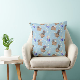 Cojín Decorativo Gatos en caja y gotas de leche en azul