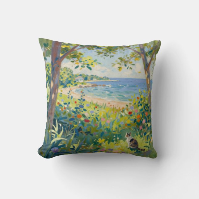 Cojín Decorativo Gatos Flores Y Mar (Anverso)