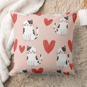 Cojín Decorativo Gatos Kawaii Rosados Dulces y Patrón de Corazones
