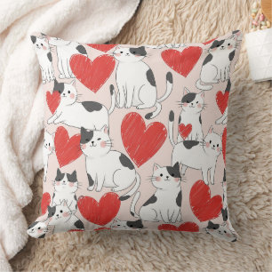 Cojín Decorativo Gatos Kawaii Rosados Dulces y Patrón de Corazones 