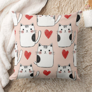 Cojín Decorativo Gatos Kawaii Rosados Dulces y Patrón de Corazones