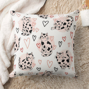 Cojín Decorativo Gatos Kawaii Rosados Dulces y Patrón de Corazones 
