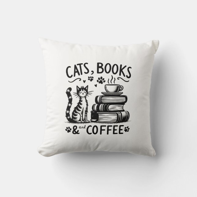 Cojín Decorativo Gatos, libros y café (Anverso)