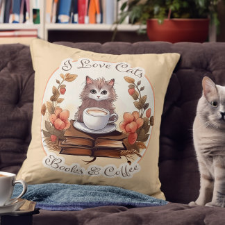 Cojín Decorativo Gatos, Libros y Café Cute Kitten