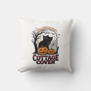 Cojín Decorativo Gatos Negros de Halloween Arte de Calabaza Coven V