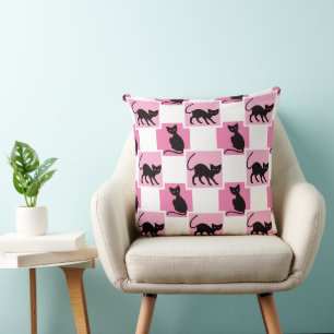 COJÍN DECORATIVO GATOS NEGROS DE HALLOWEEN ROSA NEGRO Y BLANCO