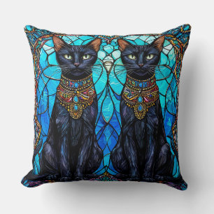 Cojín Decorativo Gatos negros en diseño de vidrio emplomado artísti