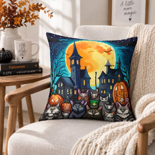 Cojín Decorativo Gatos Negros Espeluznantes Pueblo Embrujado Noche