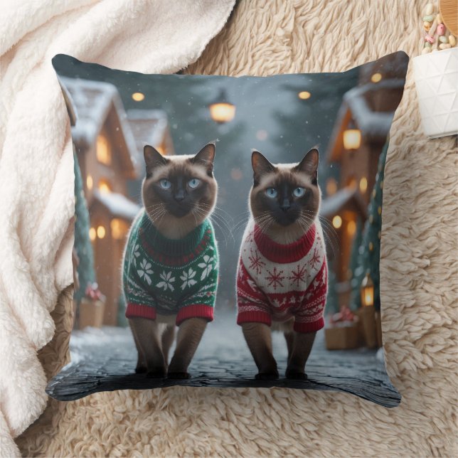 Cojín Decorativo Gatos Siameses Navidad Nieve Fiesta (Manta)