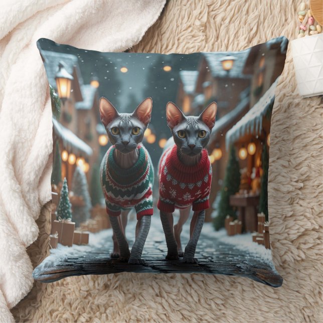 Cojín Decorativo Gatos Sphynx Navidad Nieve Fiesta (Manta)