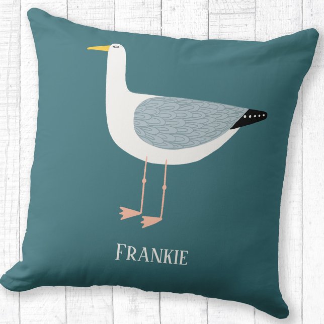 Cojín Decorativo Gaviota fresca personalizada (Fun seagull personalized name coastal themed throw pillow)