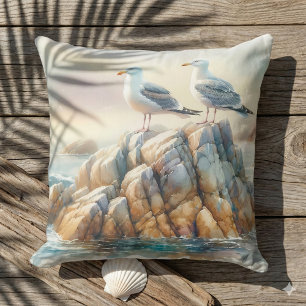 Cojín Decorativo Gaviotas Costeras Acuarela Paisaje Marítimo