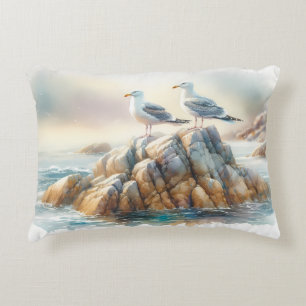 Cojín Decorativo Gaviotas Costeras Acuarela Paisaje Marítimo