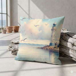 Cojín Decorativo Gaviotas de faro costero Serenidad de cielo pastel