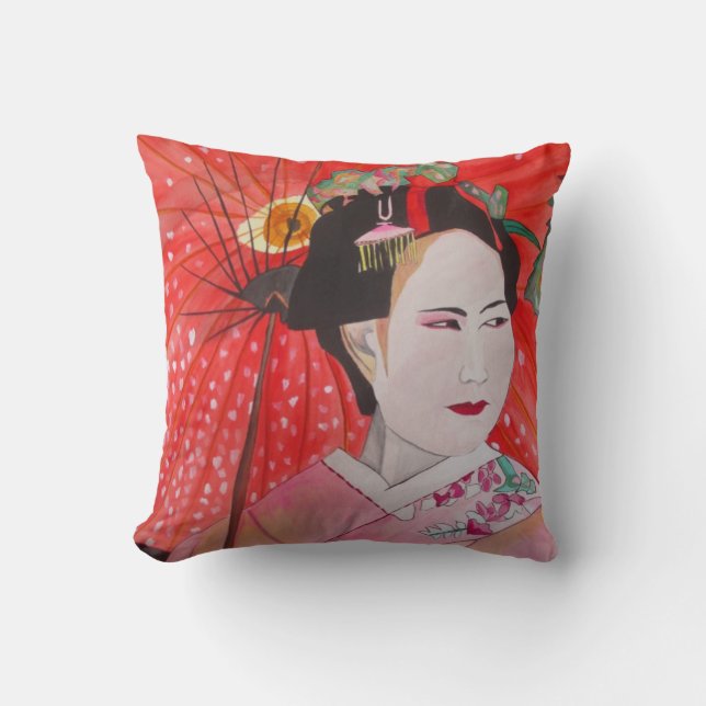 Cojín Decorativo Geisha japonesa con paraguas rojos (Anverso)