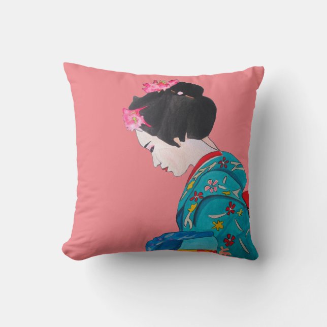 Cojín Decorativo Geisha japonesa moderna con flores de cerezo rosa (Anverso)