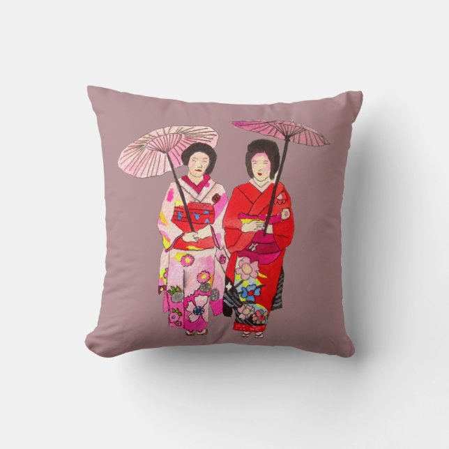 Cojín Decorativo Geisha japonesa moderna con kimono rosa y obi (Anverso)