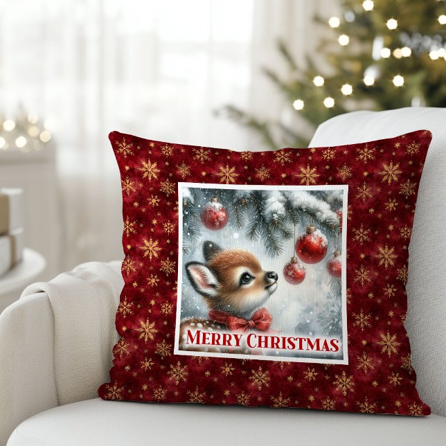 Cojín Decorativo Gentle snowy forest baby deer festive scene Xmas (Gentle snowy forest baby deer festive scene Christmas pillow)