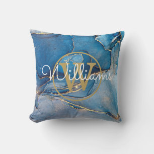 Cojín Decorativo Geoda de Ágata Azul Monograma en Oro Nombre