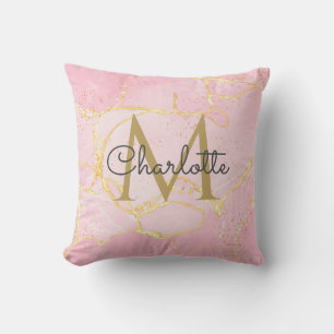Cojín Decorativo Geoda de ágata rosa Monograma de oro Script elegan