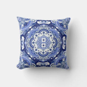 Cojín Decorativo Geométrico azul vintage, ornamento indio.