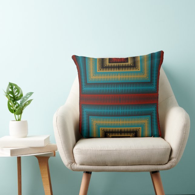 Cojín Decorativo Geométrico turquesa rojo y amarillo (Silla)
