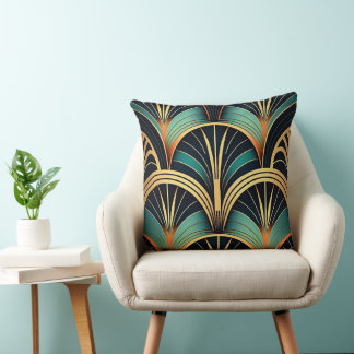 Cojín decorativo geométrico verde y oro Art Deco