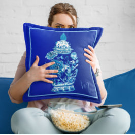 Cojín Decorativo Ginger Jar elegante monogramado blanco azul