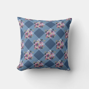Cojín Decorativo Gingham Azul y Floral Púrpura Country