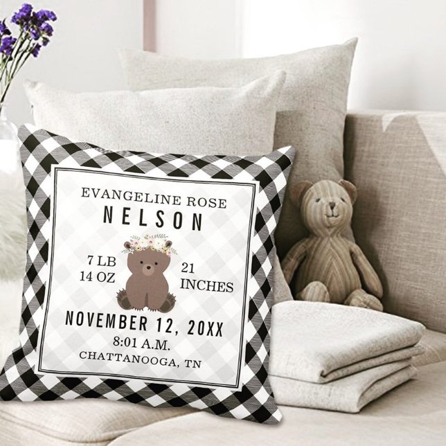 Cojín Decorativo Gingham Black + White Bear Baby Stats (Subido por el creador)