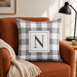 Cojín Decorativo Gingham de Cuadros Gris Carbón con Monograma Inici