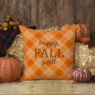 Cojín Decorativo Gingham de cuadros naranja y blanco Feliz Otoño a