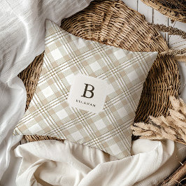 Cojín Decorativo Gingham de Monograma Festivo en Beige Suave