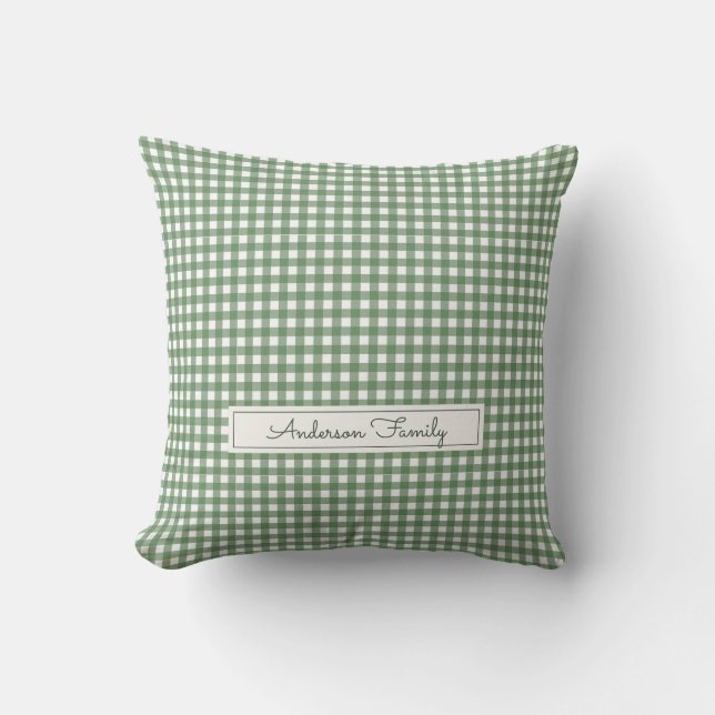 Cojín Decorativo Gingham Pattern in Green with Family Name (Anverso)