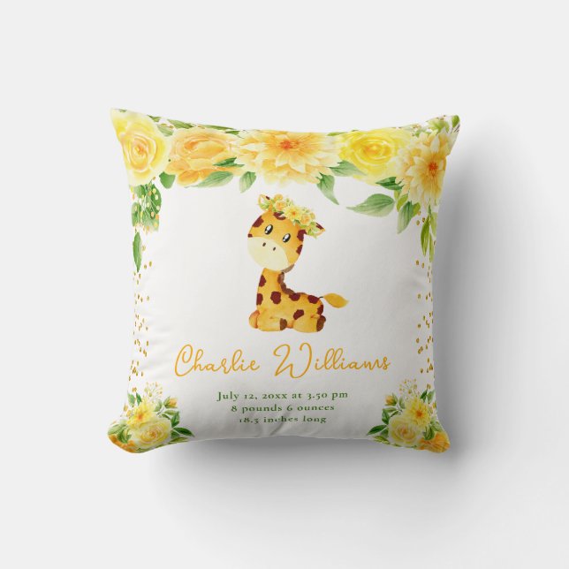 Cojín Decorativo Giraffe Yellow Floral Birth Statistics (Anverso)