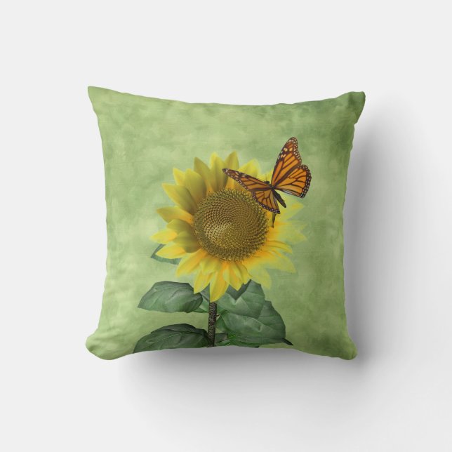 Cojín Decorativo Girasol amarillo bonito y mariposa Naranja (Anverso)