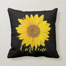 Cojín Decorativo Girasol amarillo en negro con nombre personalizado