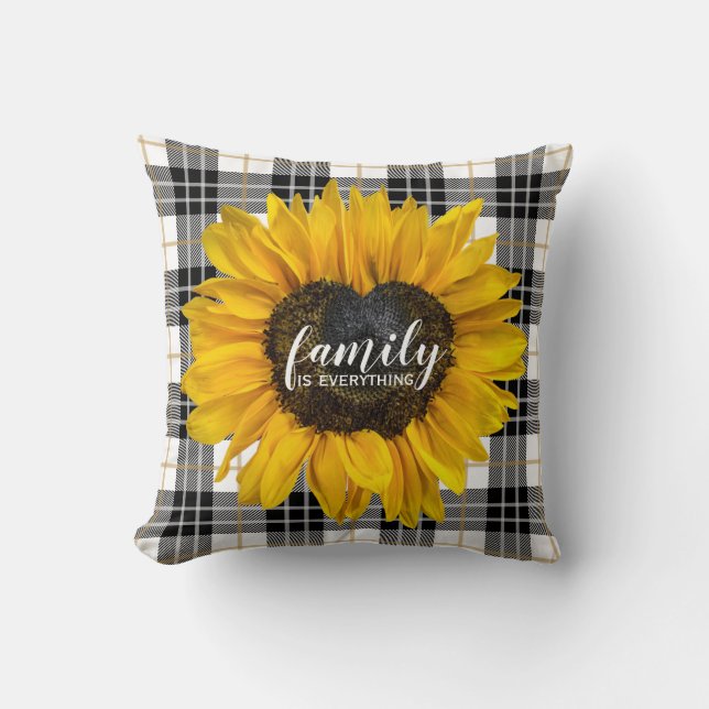 Cojín Decorativo Girasol cardíaco familiar en Tartán Plaid (Anverso)
