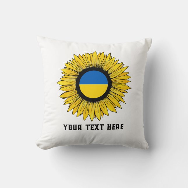 Cojín Decorativo Girasol con bandera ucraniana. Texto personalizado (Anverso)