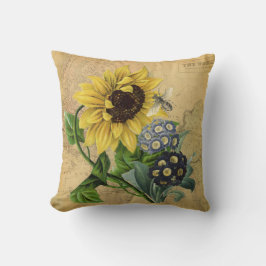 Cojín Decorativo Girasol de la abeja floral y mapa del vintage