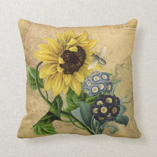 Cojín Decorativo Girasol de la abeja floral y mapa del vintage