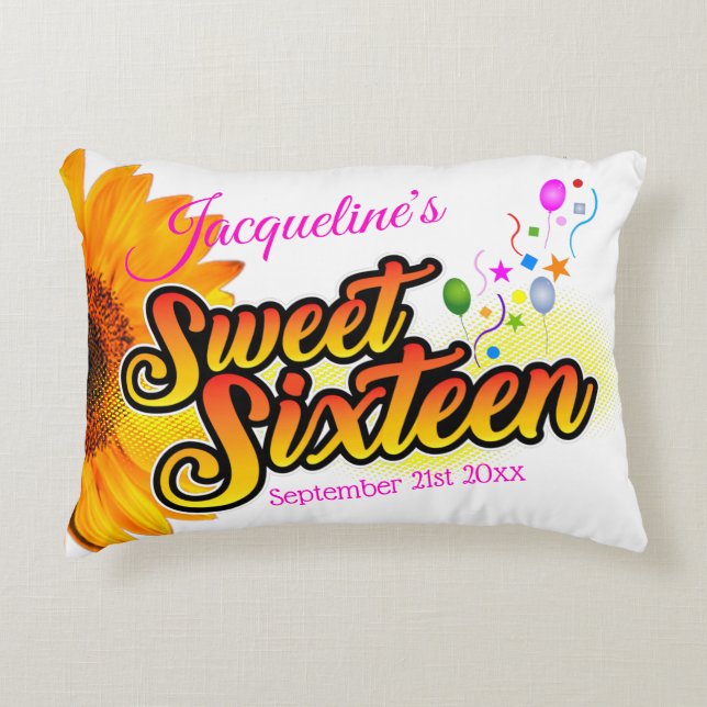 Cojín Decorativo Girasol y globos sobre dulce blanco Dieciséis (Anverso)