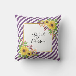 Cojín Decorativo girasoles acuarelas y estriado púrpura