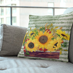Cojín Decorativo Girasoles al acuarela y partitura