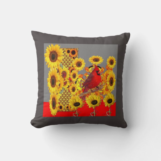 COJÍN DECORATIVO GIRASOLES AMARILLOS CARDINALES ROJOS ABSTRACTOS (Anverso)