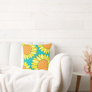 Cojín Decorativo Girasoles amarillos naranjas turquesas dibujados a