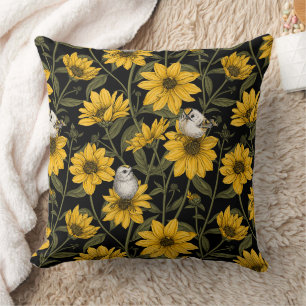 Cojín Decorativo girasoles silvestres y pájaros dorados/ amarillos 