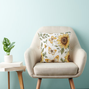 Cojín Decorativo Girasoles y mariposas coloridos en flor