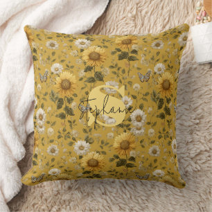 Cojín Decorativo Girasoles y Mariposas sobre Fondo Amarillo